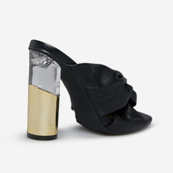 Block High Heels Slip-on Sandal. Black and Gold. Spring, Summer. Faux Leather. - Picture 3 of 7